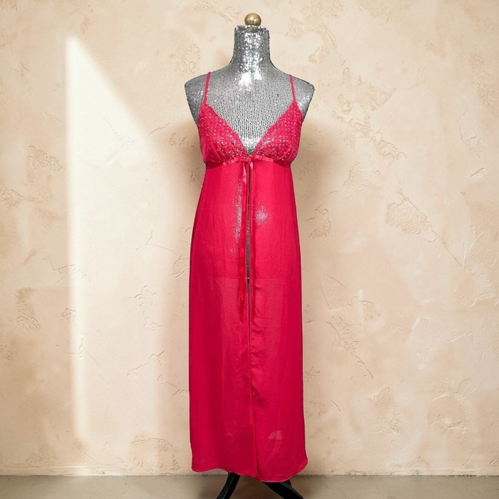 Vintage Y2K Red Sheer Mesh Lace Maxi Nightgown Romantic Sexy Lingerie Large